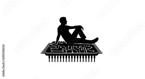 Man sitting on a computer chip maze.