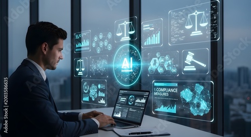 Businessman reviewing AI compliance measures on a laptop with law symbols and policy data projected around him