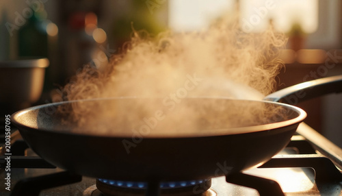 Steaming pan on stove in cozy kitchen
