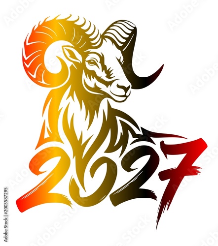 Year of the Ram 2027. Stylized vector illustration of a horned goat symbol for Chinese Lunar New Year with calligraphy numbers.