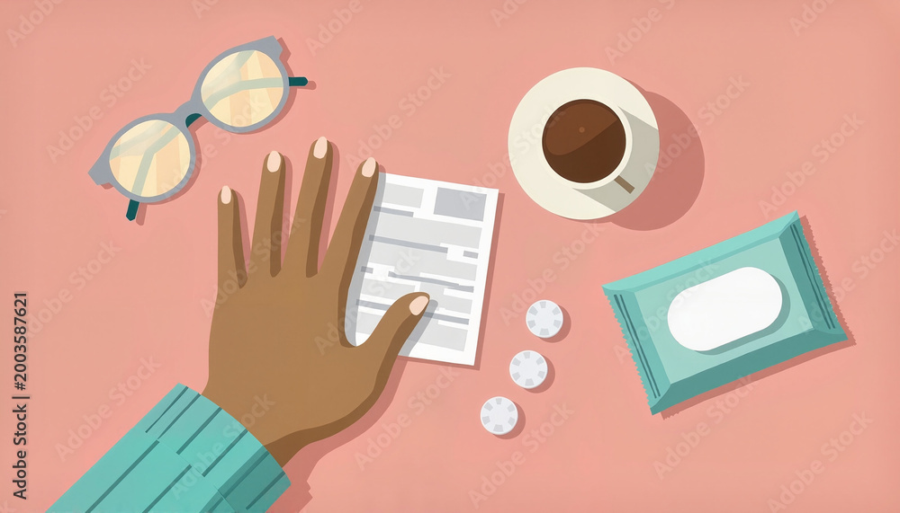 Obraz premium Hand holding prescription with glasses and coffee on pink background