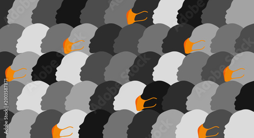 Crowd of Grayscale Silhouette Heads with Some Wearing Orange Face Masks