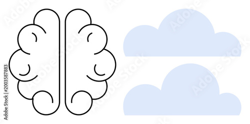Mental health, creativity, brainstorming, imagination, cognitive processes, ideas generation. Brain outline next to two clouds. Mental health and creativity concept