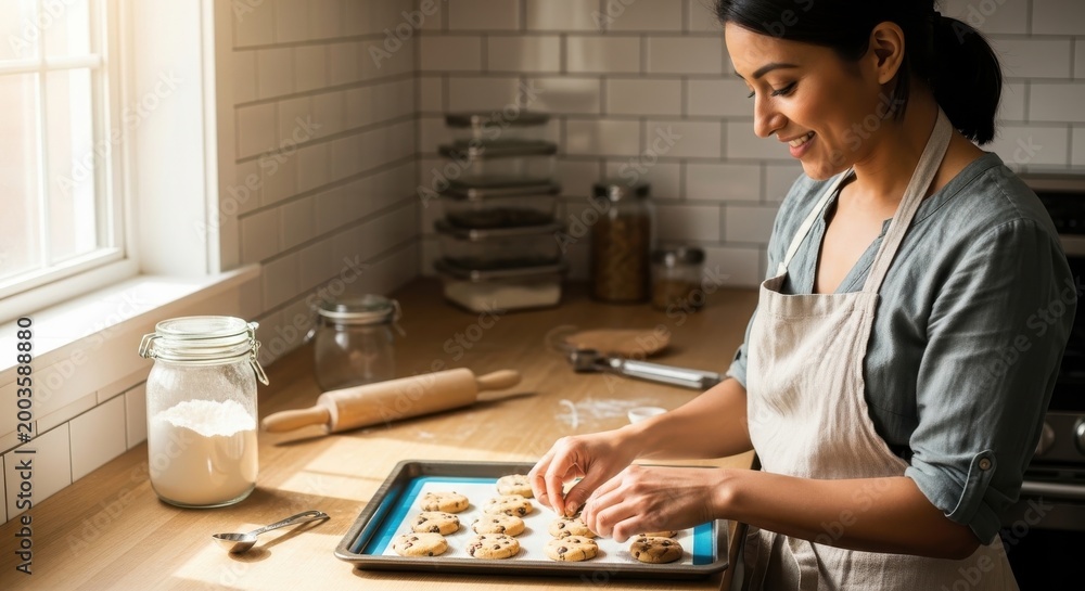 Fototapeta premium Woman in apron preparing cookies on baking sheet in kitchen baking cookies woman in apron kitchen co