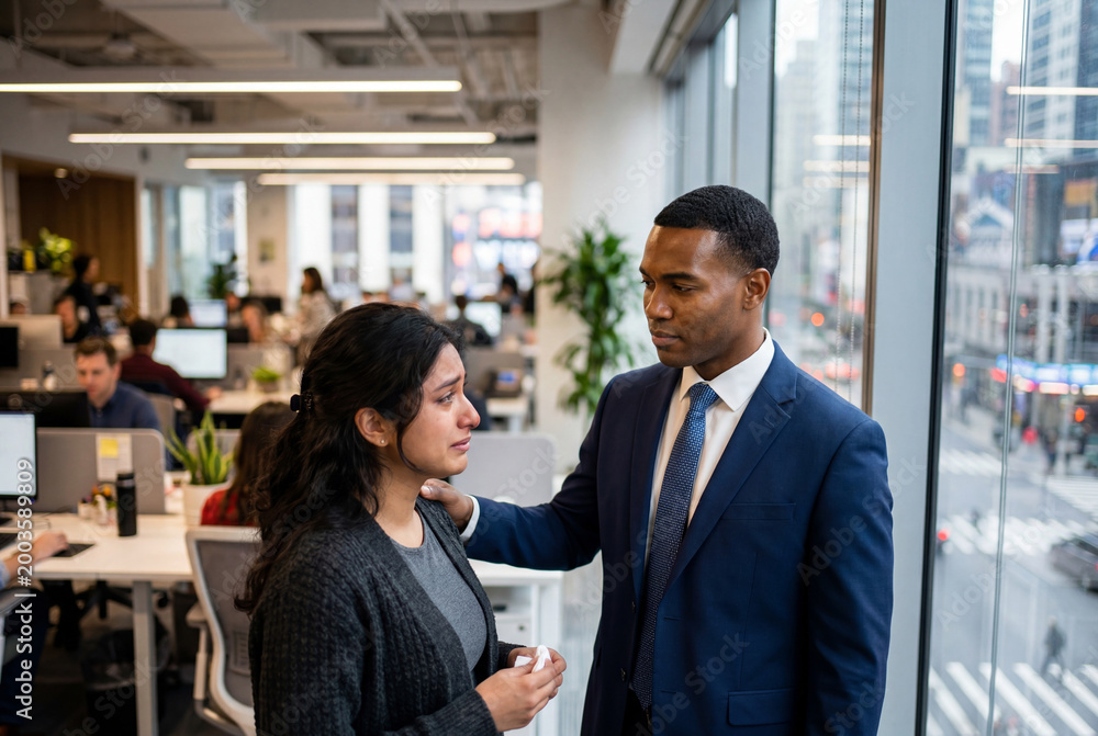 Fototapeta premium Businessman comforting sad colleague in busy office