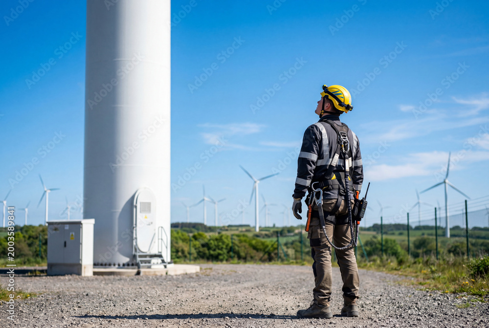 Naklejka premium Wind turbine technician in safety gear looking up at a modern wind farm under clear blue skies