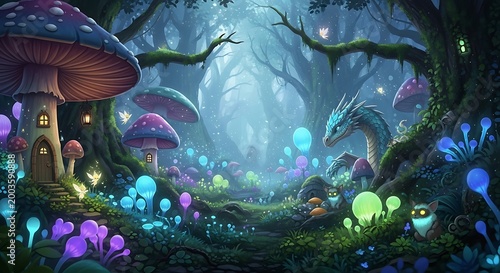 Enchanted forest with glowing mushrooms, bioluminescent plants, a mystical dragon, and a charming mushroom house under a twilight sky.