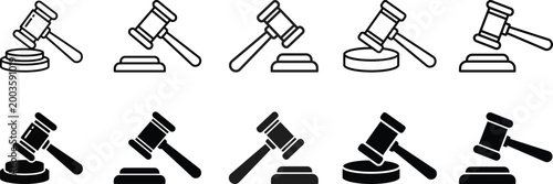 Gavel and sound block icons legal justice system representation in black and white