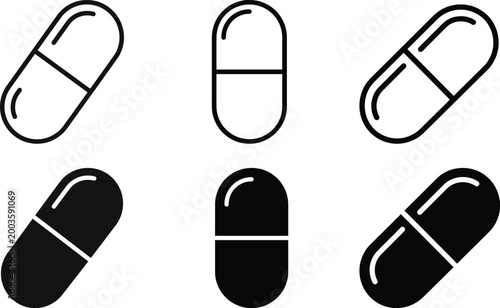 Six capsule pills a black and white pharmaceutical iconography collection