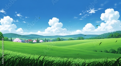 Vibrant animated landscape with rolling green hills, a distant village, fluffy clouds in a blue sky, and birds flying over a lush field.