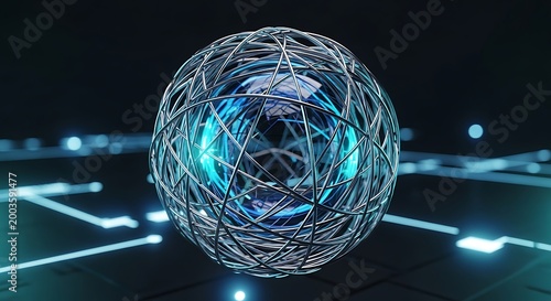 Abstract futuristic sphere with intricate wireframe design and glowing blue core on a digital circuit board background.
