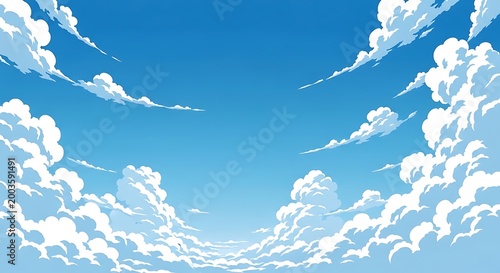 A wide-angle view of a bright blue sky filled with numerous white cumulus clouds, creating a serene and expansive natural backdrop.