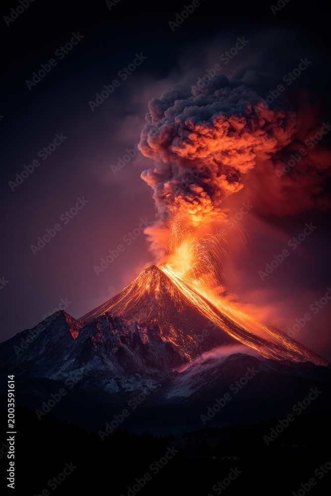 Fototapeta premium A majestic volcano erupting, with a plume of smoke billowing from its peak and lava flowing into the air. The dark background highlights the fiery orange and red hues of the lava and smoke.