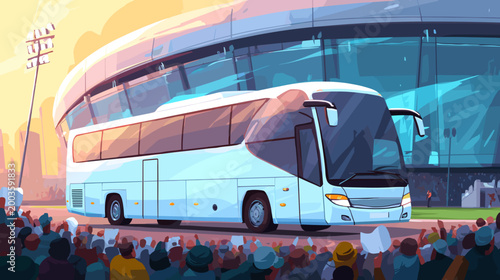 Sport Team Bus Arriving at Stadium with Fans Cheering