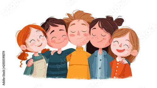 Happy Children Embracing Together in a Colorful Illustration