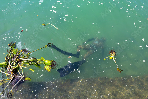 Картината върху платно A diver in camouflage gear explores the murky waters the harbour in Hon Mieu, Nh