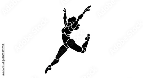 Foto Silhouette of a dancer in mid-air leap, stylized, black and white