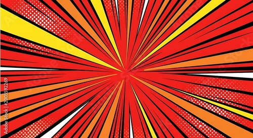 Dynamic comic book style radial speed lines background with vibrant red, orange, and yellow colors radiating from the center, creating an energetic burst effect.