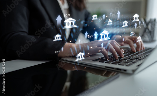 Bild auf Leinwand Online banking and digital banking innovation combining finance and technology, optimizing online banking systems, mobile banking services, and fintech for seamless experience