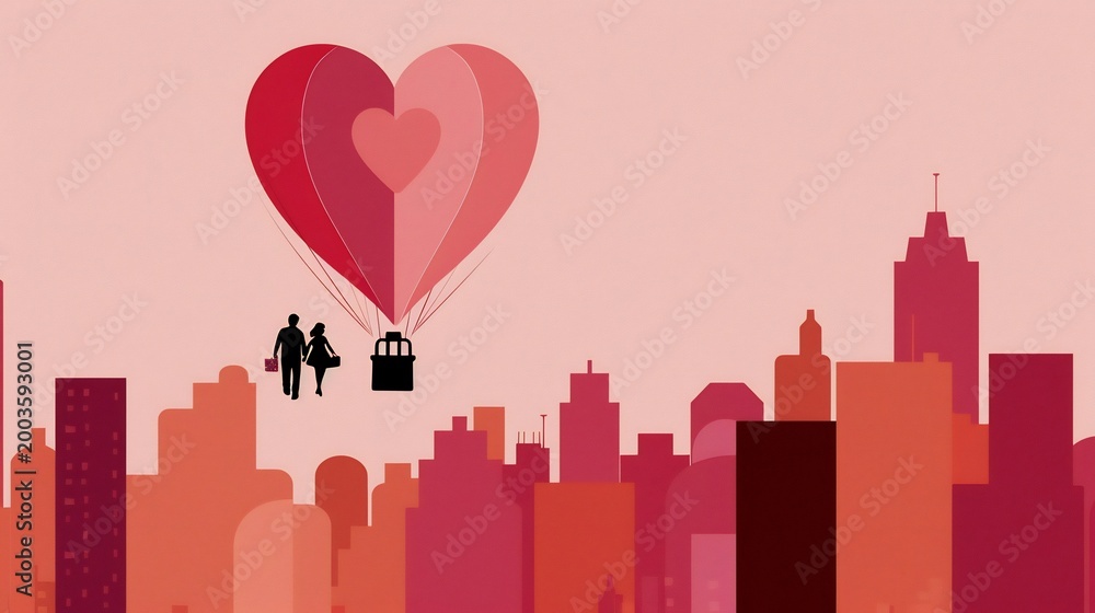 Fototapeta premium Romantic cityscape illustration with heart-shaped hot air balloon, symbolizing love and connection above a modern urban skyline, offering copy space for heartfelt messages.
