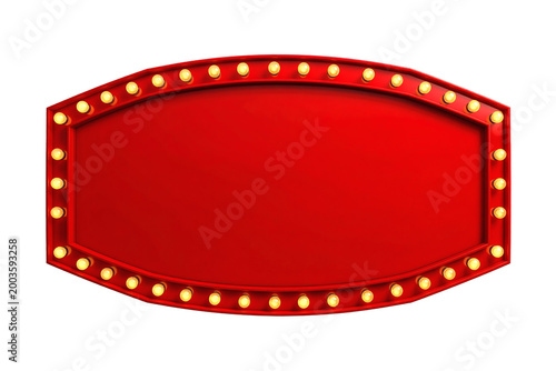 Vibrant red vintage billboard sign with glowing yellow light bulbs framing an empty space for text or promotion, perfect for events or announcements 