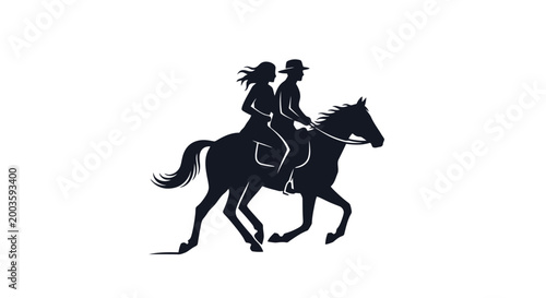 silhouette of couple riding horse.