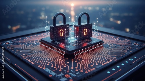 Two glowing padlocks atop a motherboard, symbolizing digital security and data protection