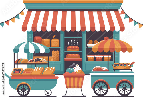 Vibrant local street food stall vector illustration with striped awning and food carts.
