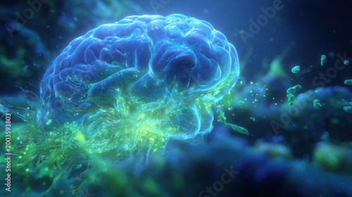 Artificial intelligence. Neuron network. A vivid digital artwork depicts a detailed, intricately detailed representation of a human brain. The brain is rendered in a gradient of blue and green hues.