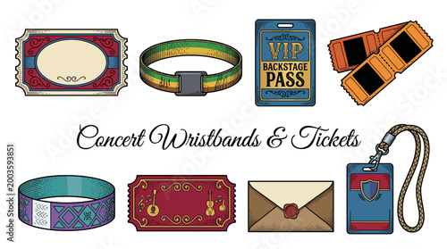 Vintage Concert and Music Festival Ticket and Wristband Collection. Retro Admission Passes, VIP Backstage Badges, and Event Entry Elements in Vector Illustration Style.