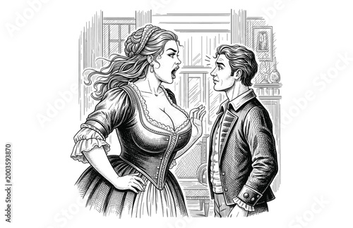 Hand Drawn Engraving Woodcut Illustration of Victorian Couple Arguing Indoors