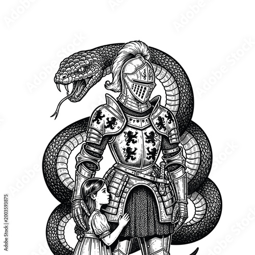 Engraving of Knight and Maiden with Serpent