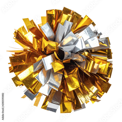 A festive shiny metallic gold and silver pom pom representing spirit excitement and team celebration for sporting events 