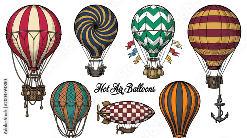 Vintage Hot Air Balloon Vector Collection, Hand-Drawn Retro Aerostat and Dirigible Illustration Set for Adventure Design