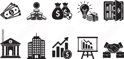 Money and finance icons with banking, payments, savings, investment and income concepts. Black filled symbols for financial apps, fintech, business dashboards, accounting and corporate projects. 