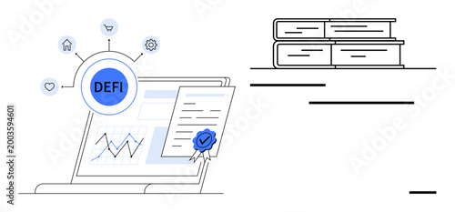 Blockchain technology, decentralized finance, cryptocurrency trading, smart contracts, investment strategies, fintech applications. Laptop displaying DeFi elements and document. Decentralized finance