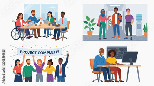 Diversity in the workplace, showcasing unity and teamwork in various settings. This image includes a meeting around a table, colleagues chatting in a hallway.