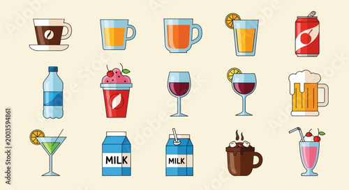 Assorted beverages collection vector illustration