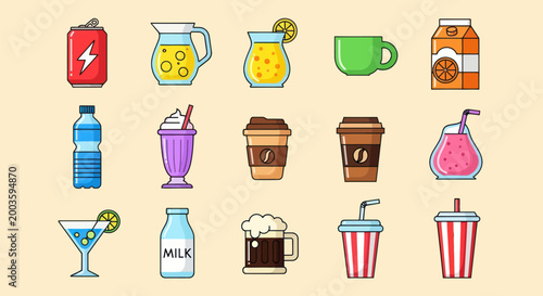 Assorted beverages collection vector illustration