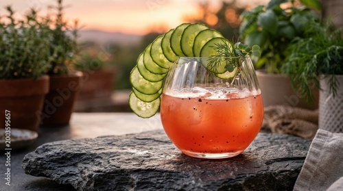Refreshing cucumber cocktail on stone slab at sunset for summer beverage background and banner design