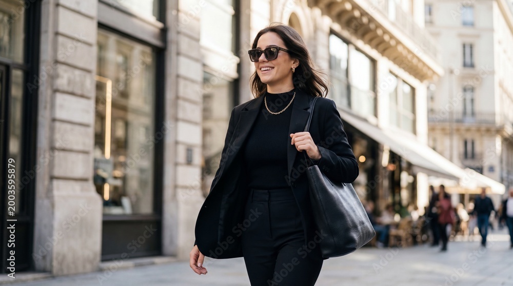Obraz premium Stylish Woman in Black Outfit Walking Confidently on a European City Street.