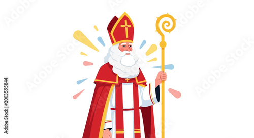 Saint Nicholas Cartoon Character with Staff and Festive Rays