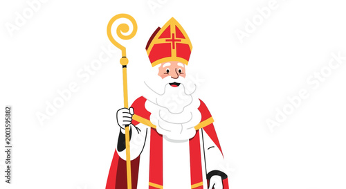 Slika na platnu Saint Nicholas Cartoon Character with Staff and Red Robe