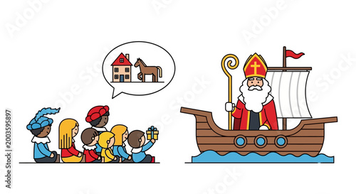 Saint Nicholas arrives by boat with helpers and children waiting