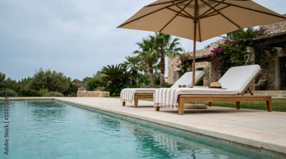 Fototapeta premium Two luxury lounge chairs with umbrella by villa pool edge for summer resort background and outdoor hospitality banner design