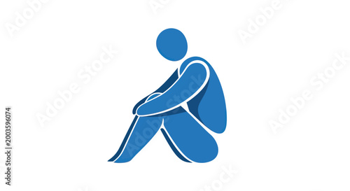 Εκτύπωση καμβά Sad Blue Figure Sitting Alone, Isolated on White Background