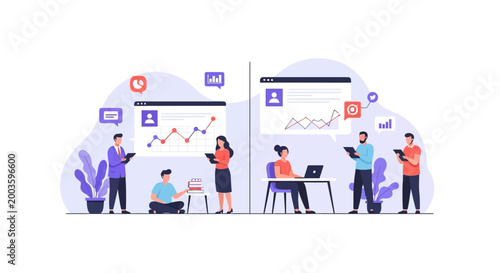 Business analytics team analyzing growth charts on digital screens, teamwork and strategy
