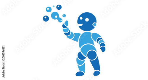 Blue Robot Character Blowing Bubbles Isolated on White Background