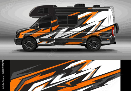 Camper van with custom orange and black racing wrap design