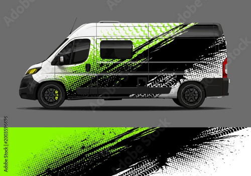 Cargo van mockup with black and green grunge wrap design